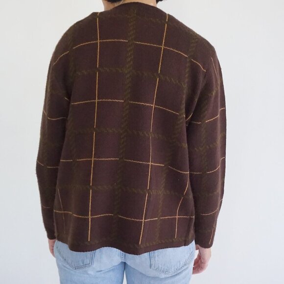 VTG Crystal Kobe Brown Leaf Vine Embroidered Plaid Knit Gold Button Cardigan S - Picture 2 of 9